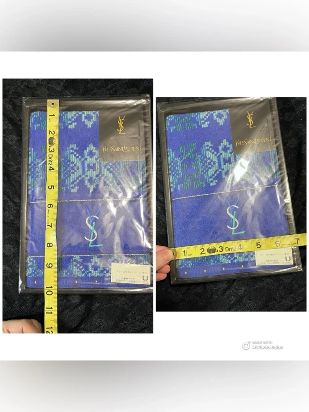 Vintage YSL Face Towel Sealed Box Blue Green Geometric Japan Uchino Luxury NEW
